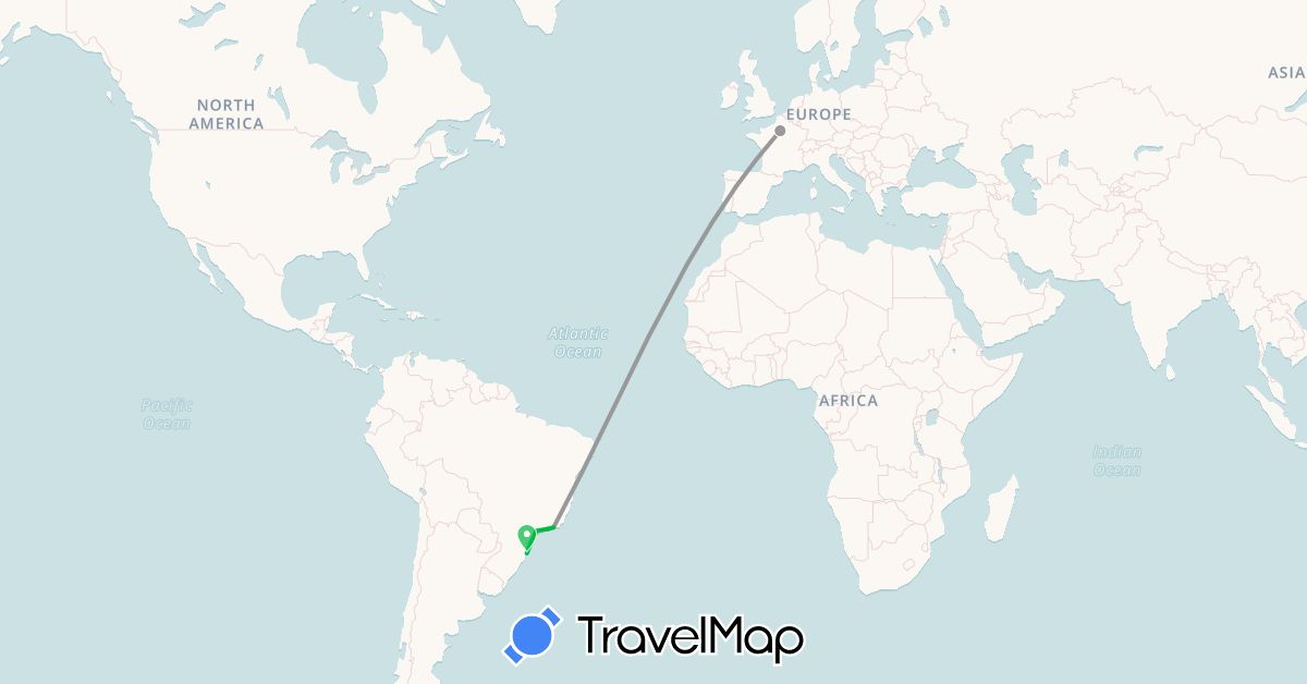 TravelMap itinerary: driving, bus, plane in Brazil, France (Europe, South America)